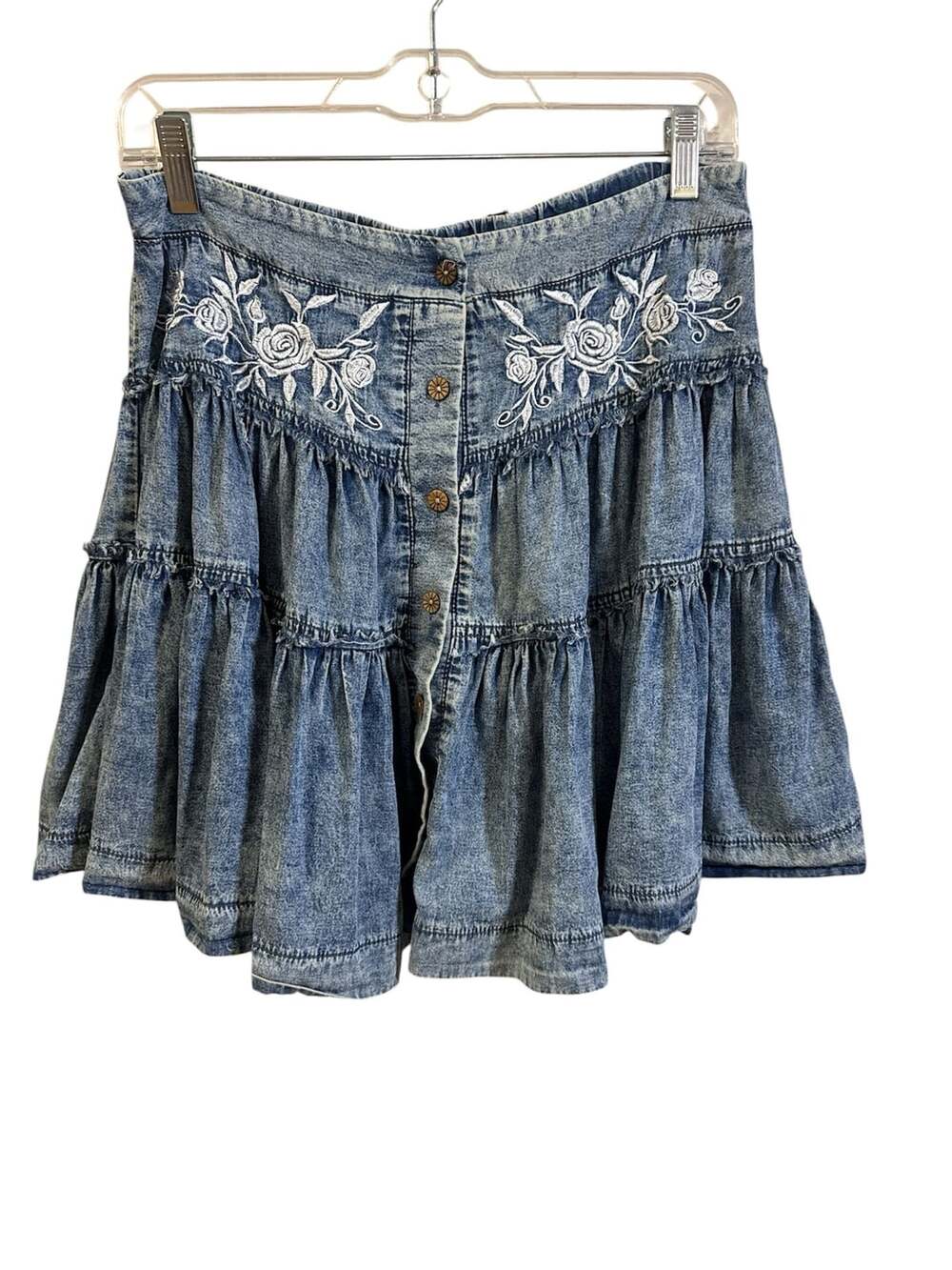 Boho Cowgirl Tiered Denim Mini Skirt with White Floral Embroidery Acid Wash M